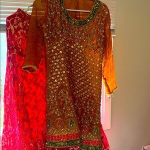 Embellished Orange and Green Traditional Dress
